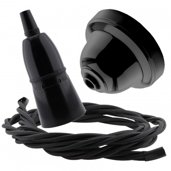 Black Bakelite Ceiling Pendant Kit with B22 Black Bakelite Lampholder and Black Flex