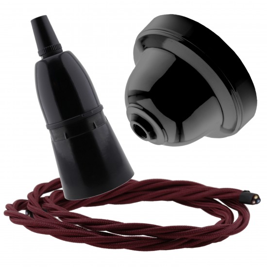 Black Bakelite Ceiling Pendant Kit with B22 Black Bakelite Lampholder and Rich Burgundy Flex