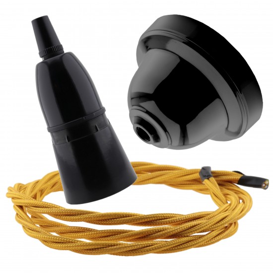 Black Bakelite Ceiling Pendant Kit with B22 Black Bakelite Lampholder and Gold Flex Black Bakelite Ceiling Pendant Kit with B22 Black Bakelite Lampholder and Gold Flex