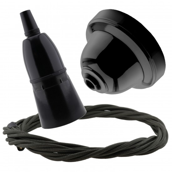 Black Bakelite Ceiling Pendant Kit with B22 Black Bakelite Lampholder and Khaki Green Flex Black Bakelite Ceiling Pendant Kit with B22 Black Bakelite Lampholder and Khaki Green Flex