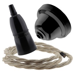 Black Bakelite Ceiling Pendant Kit with B22 Black Bakelite Lampholder and Linen Flex
