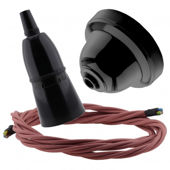 Black Bakelite Ceiling Pendant Kit with B22 Black Bakelite Lampholder and Dusky Pink Flex Black Bakelite Ceiling Pendant Kit with B22 Black Bakelite Lampholder and Dusky Pink Flex