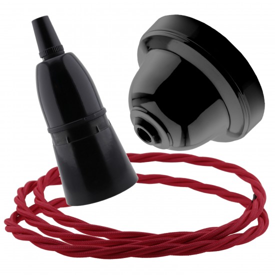 Black Bakelite Ceiling Pendant Kit with B22 Black Bakelite Lampholder and Bright Red Flex