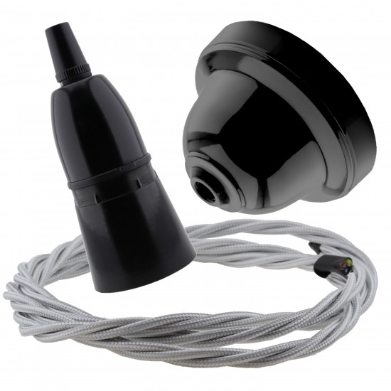 Black Bakelite Ceiling Pendant Kit with B22 Black Bakelite Lampholder and Silver Flex Black Bakelite Ceiling Pendant Kit with B22 Black Bakelite Lampholder and Silver Flex