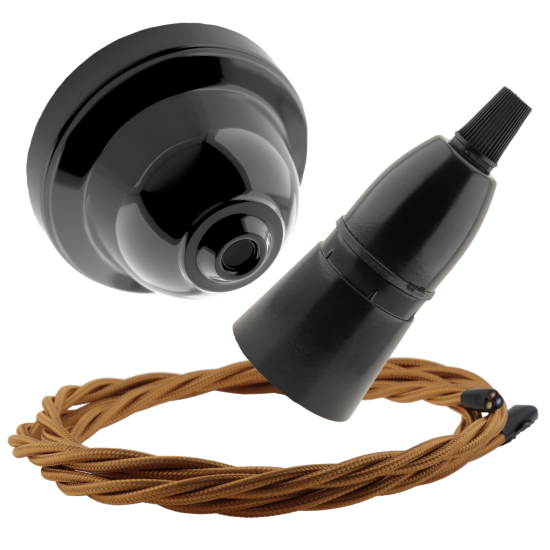 Black Bakelite Ceiling Pendant Kit with B22 Skirted Lampholder and Antique Gold Flex Black Bakelite Ceiling Pendant Kit with B22 Skirted Lampholder and Antique Gold Flex
