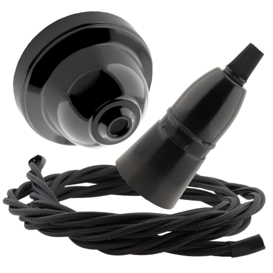 Black Bakelite Ceiling Pendant Kit with B22 Skirted Lampholder & Black Flex Black Bakelite Ceiling Pendant Kit with B22 Skirted Lampholder & Black Flex