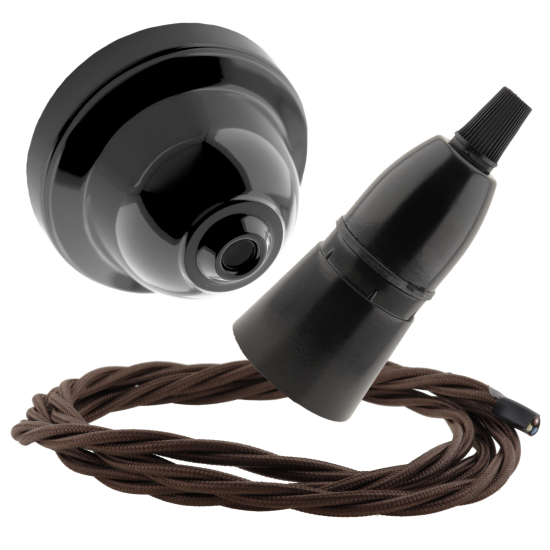 Black Bakelite Ceiling Pendant Kit with B22 Skirted Lampholder and Mocha Brown Flex Black Bakelite Ceiling Pendant Kit with B22 Skirted Lampholder and Mocha Brown Flex