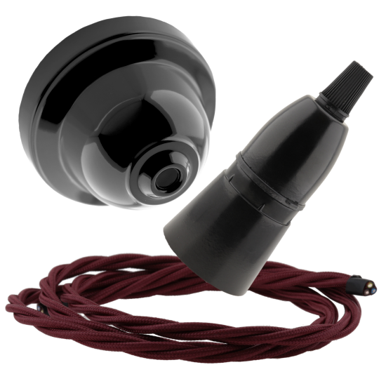 Black Bakelite Ceiling Pendant Kit with B22 Skirted Lampholder and Rich Burgundy Flex Black Bakelite Ceiling Pendant Kit with B22 Skirted Lampholder and Rich Burgundy Flex