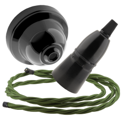 Black Bakelite Ceiling Pendant Kit with B22 Skirted Lampholder and Green Flex