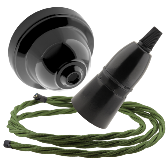 Black Bakelite Ceiling Pendant Kit with B22 Skirted Lampholder and Green Flex Black Bakelite Ceiling Pendant Kit with B22 Skirted Lampholder and Green Flex