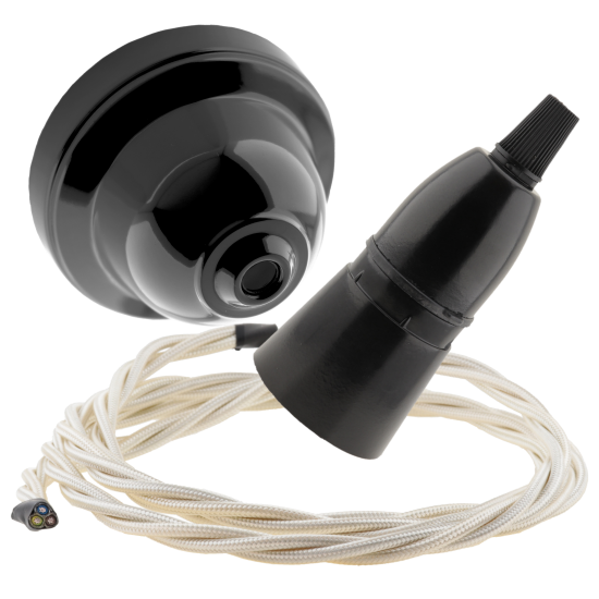 Black Bakelite Ceiling Pendant Kit with B22 Skirted Lampholder and Classic Ivory Flex Black Bakelite Ceiling Pendant Kit with B22 Skirted Lampholder and Classic Ivory Flex