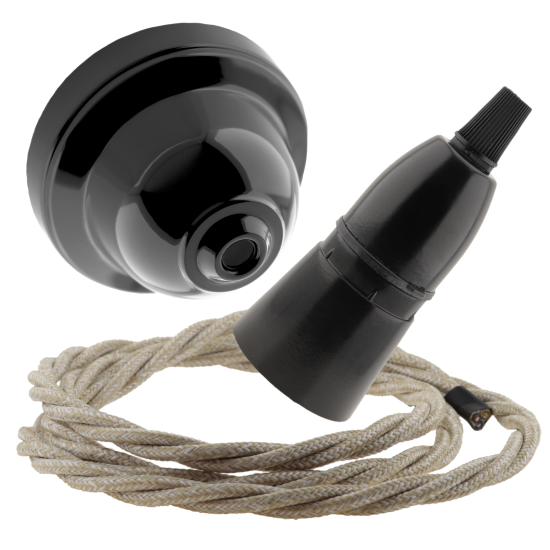 Black Bakelite Ceiling Pendant Kit with B22 Skirted Lampholder and Linen Effect Flex Black Bakelite Ceiling Pendant Kit with B22 Skirted Lampholder and Linen Effect Flex