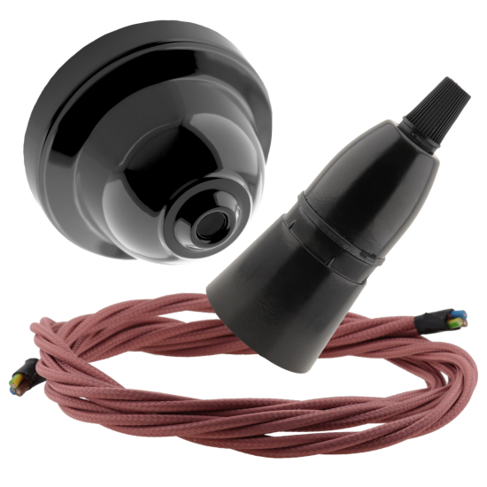 Black Bakelite Ceiling Pendant Kit with B22 Skirted Lampholder and Dusky Pink Flex Black Bakelite Ceiling Pendant Kit with B22 Skirted Lampholder and Dusky Pink Flex