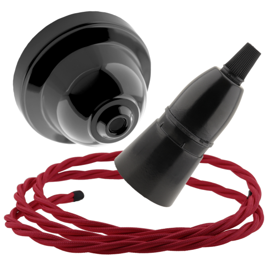 Black Bakelite Ceiling Pendant Kit with B22 Skirted Lampholder & Bright Red Flex Black Bakelite Ceiling Pendant Kit with B22 Skirted Lampholder & Bright Red Flex