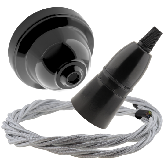 Black Bakelite Ceiling Pendant Kit with B22 Skirted Lampholder and Silver Flex Black Bakelite Ceiling Pendant Kit with B22 Skirted Lampholder and Silver Flex