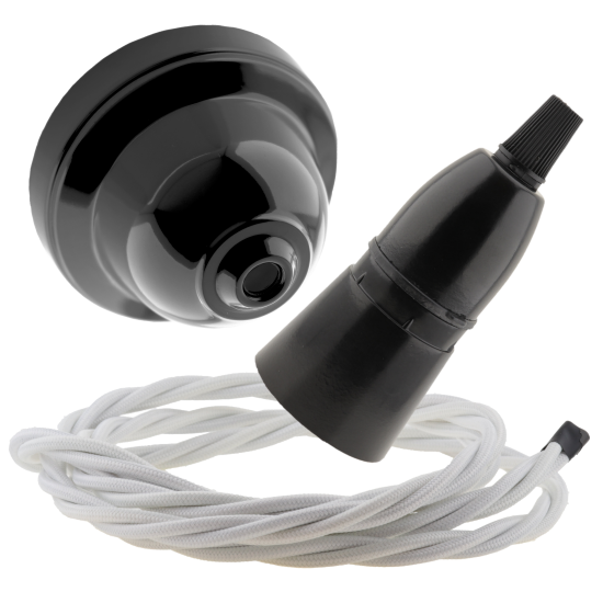 Black Bakelite Ceiling Pendant Kit with B22 Skirted Lampholder and White Flex Black Bakelite Ceiling Pendant Kit with B22 Skirted Lampholder and White Flex