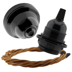 Black Bakelite Ceiling Pendant Kit and E27 Bulb Holder with Antique Gold Flex Black Bakelite Ceiling Pendant Kit and E27 Bulb Holder with Antique Gold Flex