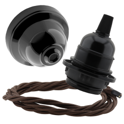 Black Bakelite Ceiling Pendant Kit and E27 Bulb Holder with Mocha Brown Flex