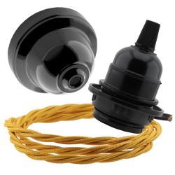 Black Bakelite Ceiling Pendant Kit and E27 Bulb Holder with Gold Flex Black Bakelite Ceiling Pendant Kit and E27 Bulb Holder with Gold Flex