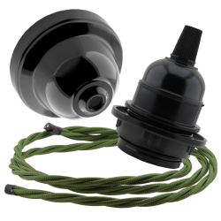 Black Bakelite Ceiling Pendant Kit and E27 Bulb Holder with Green Flex Black Bakelite Ceiling Pendant Kit and E27 Bulb Holder with Green Flex