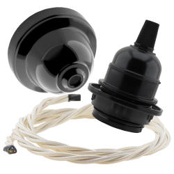 Black Bakelite Ceiling Pendant Kit and E27 Bulb Holder with Classic Ivory Flex Black Bakelite Ceiling Pendant Kit and E27 Bulb Holder with Classic Ivory Flex
