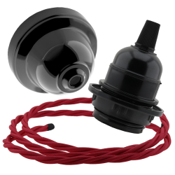 Black Bakelite Ceiling Pendant Kit and E27 Bulb Holder with Bright Red Flex Black Bakelite Ceiling Pendant Kit and E27 Bulb Holder with Bright Red Flex