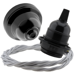 Black Bakelite Ceiling Pendant Kit and E27 Bulb Holder with Silver Flex