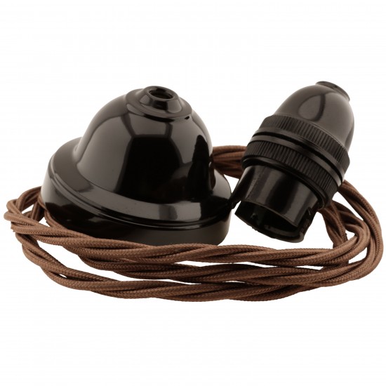 All Brown Bakelite Ceiling Pendant Kit and B22 Bulb Holder with 1M Bronze Flex