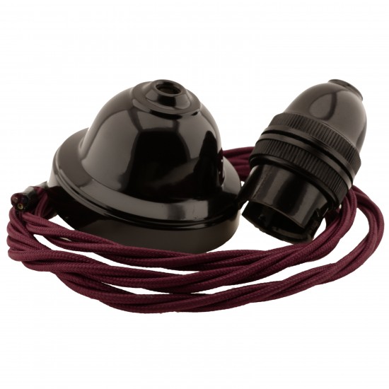 All Brown Bakelite Ceiling Pendant Kit and B22 Bulb Holder with 1M Rich Burgundy Flex