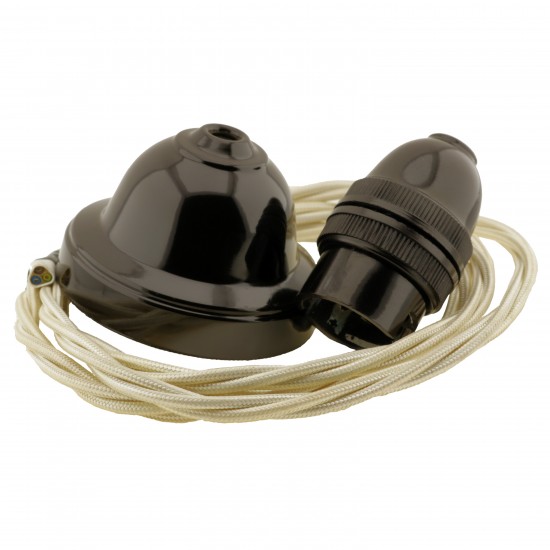 All Brown Bakelite Ceiling Pendant Kit and B22 Bulb Holder with 1M Ivory Flex