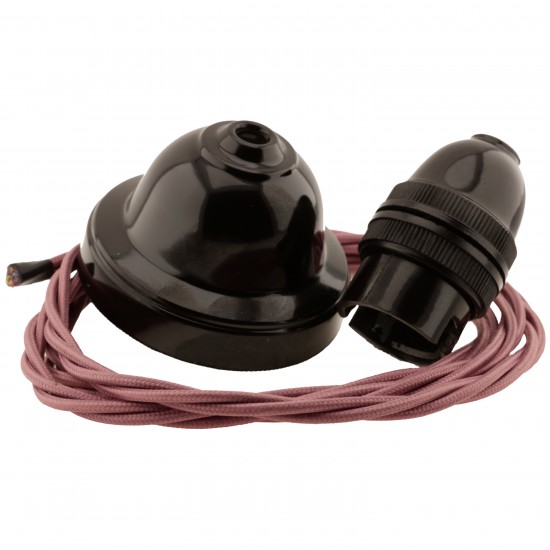 All Brown Bakelite Ceiling Pendant Kit and B22 Bulb Holder with 1M Dusky Pink Flex