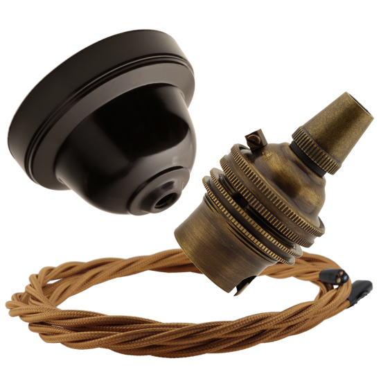Brown Bakelite Ceiling Pendant Kit with B22 Antique Brass Lampholder & Antique Gold Flex Brown Bakelite Ceiling Pendant Kit with B22 Antique Brass Lampholder & Antique Gold Flex
