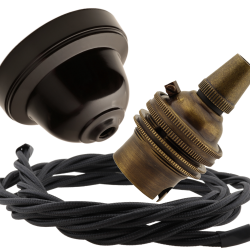 Brown Bakelite Ceiling Pendant Kit with B22 Antique Brass Lampholder and Black Flex