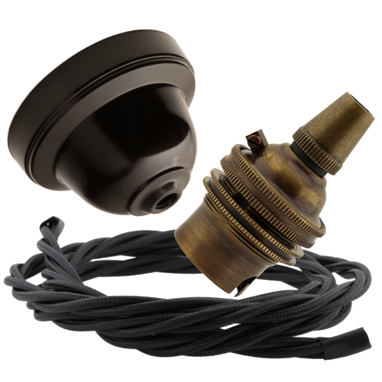 Brown Bakelite Ceiling Pendant Kit with B22 Antique Brass Lampholder & Black Flex Brown Bakelite Ceiling Pendant Kit with B22 Antique Brass Lampholder & Black Flex