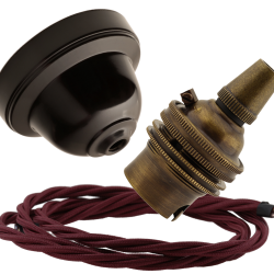 Brown Bakelite Ceiling Pendant Kit with B22 Antique Brass Lampholder and Rich Burgundy Flex
