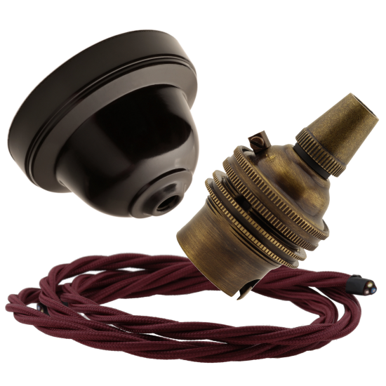 Brown Bakelite Ceiling Pendant Kit with B22 Antique Brass Lampholder & Rich Burgundy Flex Brown Bakelite Ceiling Pendant Kit with B22 Antique Brass Lampholder & Rich Burgundy Flex