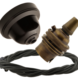 Brown Bakelite Ceiling Pendant Kit with B22 Antique Brass Lampholder and Khaki Green Flex