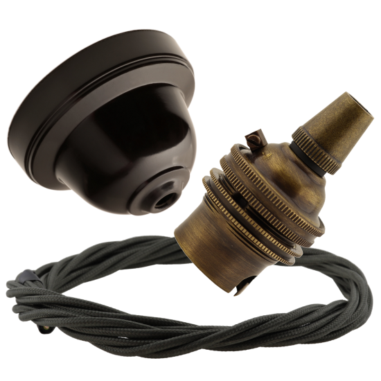 Brown Bakelite Ceiling Pendant Kit with B22 Antique Brass Lampholder & Khaki Green Flex Brown Bakelite Ceiling Pendant Kit with B22 Antique Brass Lampholder & Khaki Green Flex