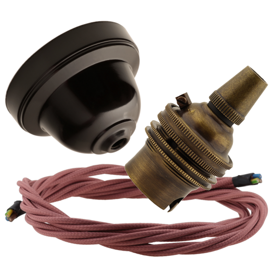 Brown Bakelite Ceiling Pendant Kit with B22 Antique Brass Lampholder and Dusky Pink Flex Brown Bakelite Ceiling Pendant Kit with B22 Antique Brass Lampholder and Dusky Pink Flex