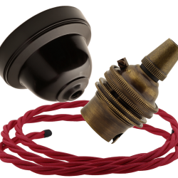 Brown Bakelite Ceiling Pendant Kit with B22 Antique Brass Lampholder and Bright Red Flex