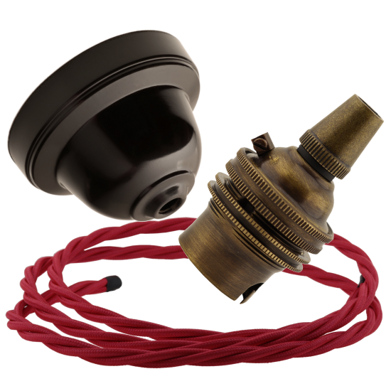 Brown Bakelite Ceiling Pendant Kit with B22 Antique Brass Lampholder and Bright Red Flex Brown Bakelite Ceiling Pendant Kit with B22 Antique Brass Lampholder and Bright Red Flex