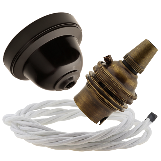 Brown Bakelite Ceiling Pendant Kit with B22 Antique Brass Lampholder and White Flex Brown Bakelite Ceiling Pendant Kit with B22 Antique Brass Lampholder and White Flex