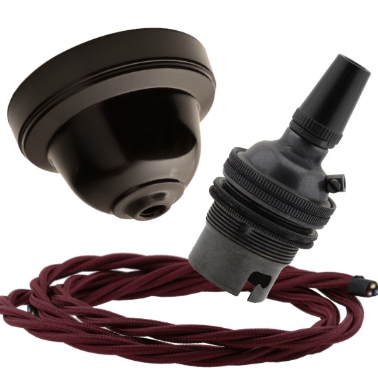 Brown Bakelite Ceiling Pendant Kit and B22 Bronze Bulb Holder with 1M Burgundy Flex