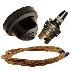 Brown Bakelite Ceiling Pendant Kit with B22 Brass Lampholder and Antique Gold Flex Brown Bakelite Ceiling Pendant Kit with B22 Brass Lampholder and Antique Gold Flex