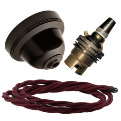 Brown Bakelite Ceiling Pendant Kit with B22 Brass Lampholder and Rich Burgundy Flex