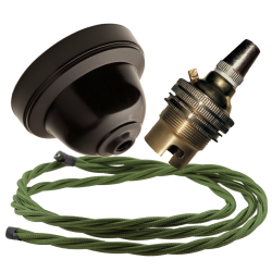Brown Bakelite Ceiling Pendant Kit with B22 Brass Lampholder and Green Flex