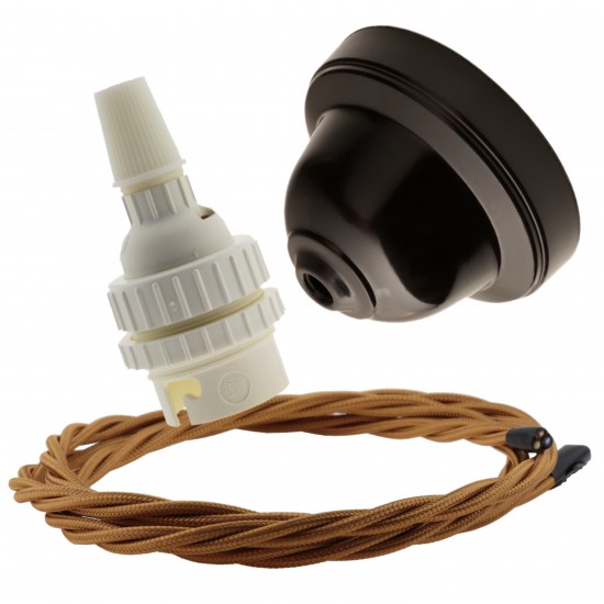 Brown Bakelite Ceiling Pendant Kit with B22 White Thermoset Lampholder and Antique Gold Flex Brown Bakelite Ceiling Pendant Kit with B22 White Thermoset Lampholder and Antique Gold Flex