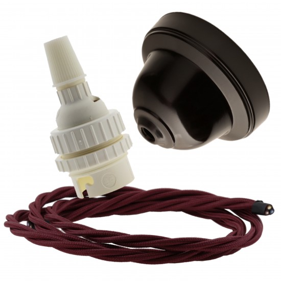 Brown Bakelite Ceiling Pendant Kit with B22 White Thermoset Lampholder and Rich Burgundy Flex