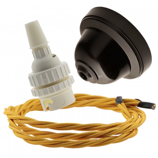 Brown Bakelite Ceiling Pendant Kit with B22 White Thermoset Lampholder and Gold Flex