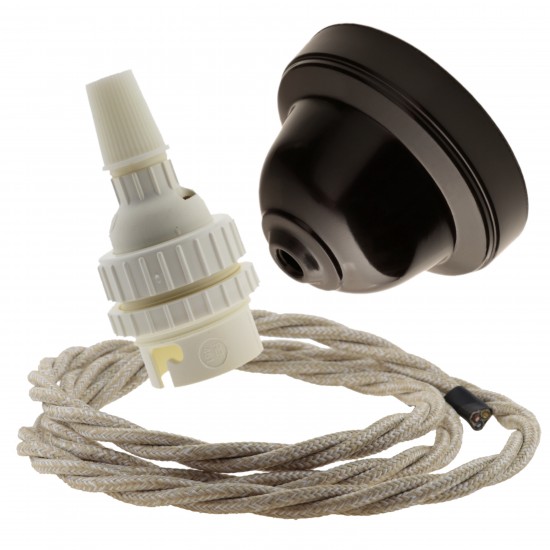 Brown Bakelite Ceiling Pendant Kit with B22 White Thermoset Lampholder and Linen Flex Brown Bakelite Ceiling Pendant Kit with B22 White Thermoset Lampholder and Linen Flex